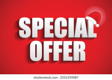 An illustration of festive red banner featuring bold white 3D text that reads "SPECIAL OFFER," adorned with a Santa hat. Perfect for promoting Christmas and holiday sales, discounts, and limited-time