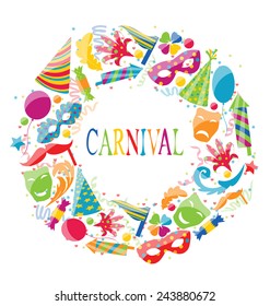 Illustration festive round frame with carnival colorful icons - vector
