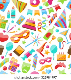 Illustration Festive Seamless Wallpaper with Carnival and Party Colorful Icons and Objects - Vector