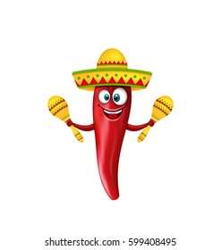 Illustration Festive Smiling Chili Pepper with Maracas, Crazy Cartoon Isolated on White Background - Vector