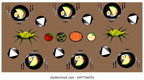 illustration a festive table served with knives, forks, dessert spoons and black graters, on the table are red caviar, olives, vases with flowers, boiled eggs, pita bread with vegetables and meat