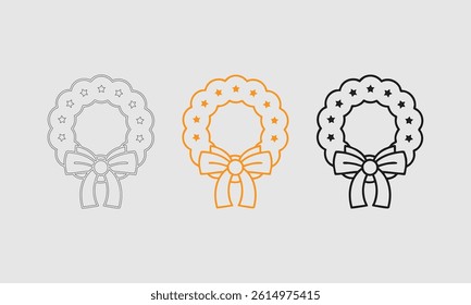 Illustration of a festive wreath design in three styles, featuring stars and a bow. Perfect for holiday-themed projects, seasonal crafts, or graphic design elements emphasizing Christmas decor with a 