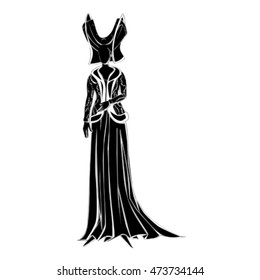 Illustration of a fictional character with clothes inspired by a medieval costume, black decorated silhouette isolated on white
