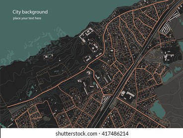 Illustration of an fictional district plan. Quarter residential low-rise buildings on the banks of the river. Vector illustration in dark tones