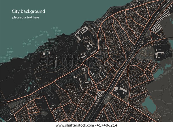 Illustration of an fictional district plan. Quarter\
residential low-rise buildings on the banks of the river. Vector\
illustration in dark\
tones