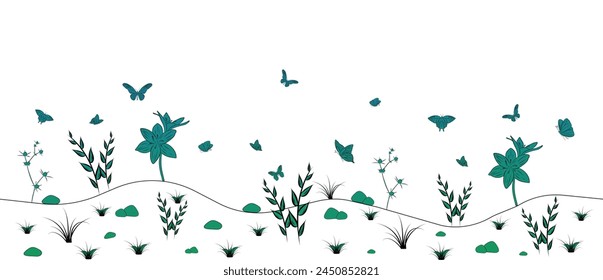 Illustration with a field of flowers, border. Vector for printing,design,décor,web.