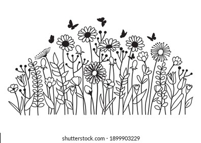 Illustration of  field flowers. Silhouettes of summer plants with butterflies. Floral glade with grass and plants. Vinyl sticker on the wall.