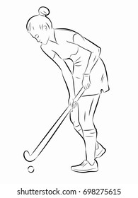 illustration of a field hockey player , black and white drawing, white background