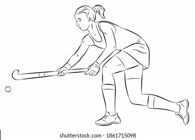 illustration of a field hockey woman player , black and white drawing, white background