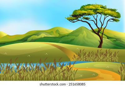 Illustration of a field with river run through