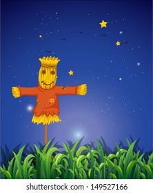 Illustration of a field with a scarecrow