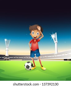 Illustration of a field with a soccer player in a red uniform