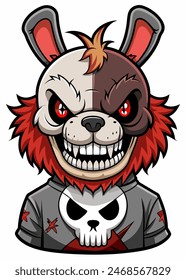 Illustration of a fierce biker rabbit in skull attire, depicted in vector art style