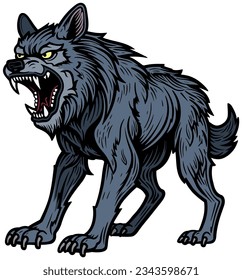 Illustration of fierce grey wolf, ready to attack.