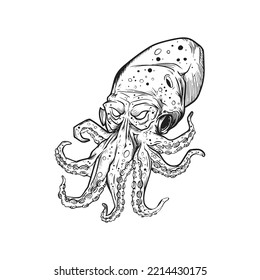 Illustration of a fierce line drawing of an octopus.