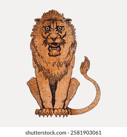 Illustration of a fierce lion with a detailed mane, sitting upright. The lion's expression is intense, showcasing its sharp teeth and claws. Vintage animal illustration isolated on white, vector.