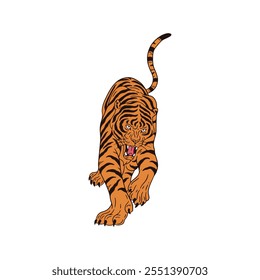 Illustration of a fierce, prowling tiger depicted in a dynamic forward pose on a white background. The tiger's sharp claws, intense gaze, and open mouth convey aggression and determination, emphasizin