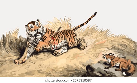 Illustration of a fierce tiger and a fox. The tiger, with bold stripes, is in a dynamic pose. The fox watches, adding tension to the tiger scene. Vintage illustration isolated on white, vector.