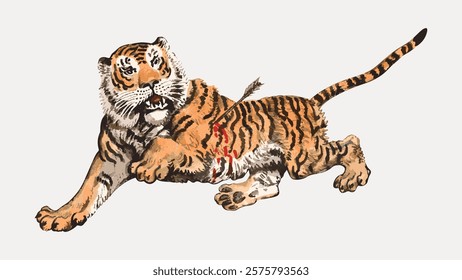 Illustration of a fierce tiger, showcasing its powerful stripes. The tiger is depicted in a dynamic pose, emphasizing its strength and agility. Isolated vintage art illustration vector element.