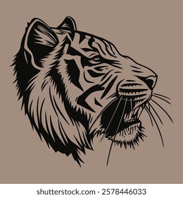 An illustration of a fierce tiger's head with powerful features and expressive eyes on a solid neutral tone background