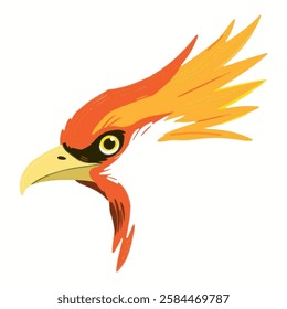 Illustration of a Fiery Phoenix Head with Vibrant Red and Orange Feathers, Symbolizing Power and Rebirth A striking phoenix head with red and orange flames, embodying fire, renewal, and mythological