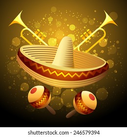 Illustration of fiesta celebration with sombrero, maracas and trumpets against festive background