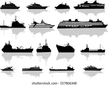 illustration with fifteen ship silhouettes isolated on white background