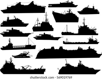 illustration with fifteen ship silhouettes isolated on white background