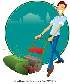 Illustration of a fifties Retro Style father with his pipe and Lawnmower. All elements on separate layers for easy editing.