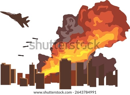 Illustration of a fighter jet dropping a bomb on a city