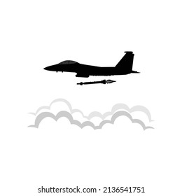 illustration fighter jet dropping missile above the clouds silhouette vector icon