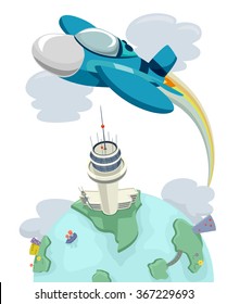 Ilustración de un avión de combate que vuela sobre una torre de control