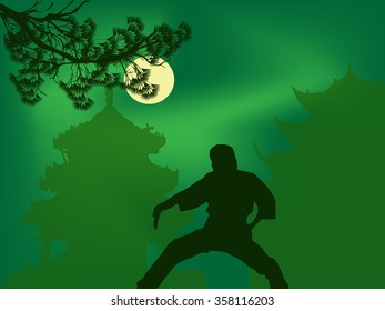 illustration with fighter silhouette on green background