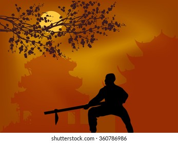 illustration with fighter silhouette on orange background