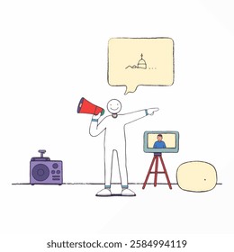 Illustration of Figure Character holding a megaphone and pointing at something, symbolizing film direction and creative leadership.