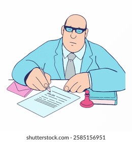 Illustration of Figure Character holding a pen, signing a document legal, symbolizing formal agreements.