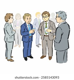 Illustration of figure characters talking and exchanging business cards, symbolizing networking and professional growth.