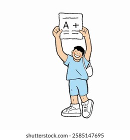 Illustration of Figure holding up an "A+" paper, jumping for joy. Figure student success exam