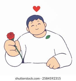 Illustration of Figure holding out a rose with a heart floating above. Illustration of Figure Character offering a rose.