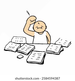 Illustration of Figure holding their head, surrounded by papers. Illustration of Figure Character stressed over homework.