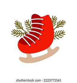 Illustration with figure ice skates and branches of fir tree