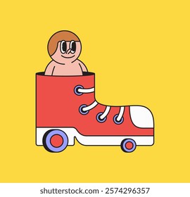 Illustration of a figure in a large roller skate, designed with bright colors and a playful style, great for fitness or fun activities