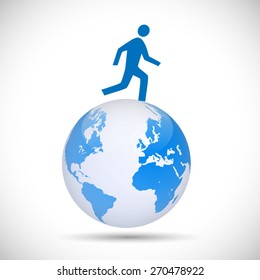 Illustration of a figure running on a world globe isolated on a white background.
