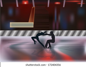 Illustration With Figure Skater Couple Silhouettes On Ice