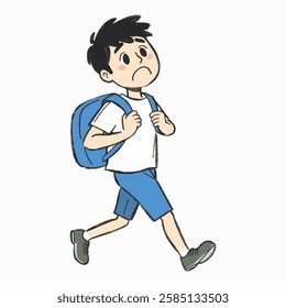 Illustration of Figure Student running with a backpack, looking panicked. Late for school illustration.