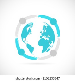 Illustration of figures around the map of the earth.