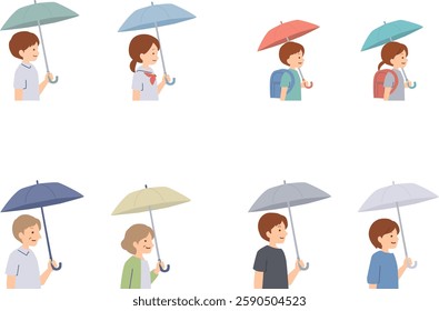 Illustration of figures of various generations holding umbrellas
