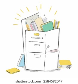 Illustration of a File Cabinet Overflowing with Documents. Ideal for document management, legal offices, and administrative organization.