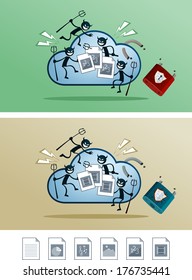 illustration of file in the cloud storage damaged by computer virus. alternative digital file icon is available.