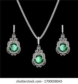 Illustration of a filigree silver jewelry set pendant on a chain and earrings with precious stones